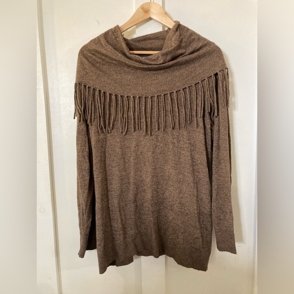 Chelsea & Theodore 1X pullover sweater wool blend poncho look cowl neck tassels